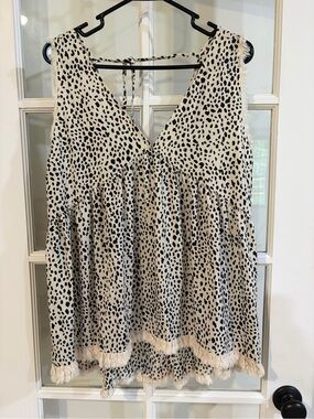 Umgee Animal Print Babydoll Tank Large Boho Fringe V-Neck Festival Tassel EUC